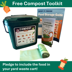 Kitchen compost bin, curbside guide, food storage guide, and BPI-certified compostable bags under a free banner.